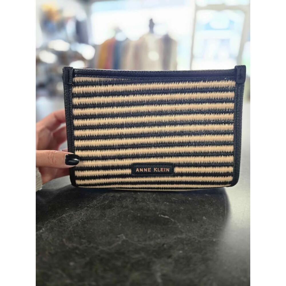 Anne Klein Striped Straw Clutch Bag Black Tan Pouch Summer Boho Wristlet OS
